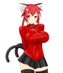  1girl animal_ears braid breasts cat_ears cat_tail contrapposto cosplay highres himenomikan huge_breasts kaenbyou_rin multiple_tails nekomata red_eyes red_hair skirt smile solo tail thighhighs tohsaka_rin tohsaka_rin_(cosplay) touhou twin_braids two_tails zettai_ryouiki 