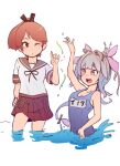  2girls bangs blue_hair blue_one-piece_swimsuit blush breasts brown_eyes brown_hair cleavage hair_ribbon hand_on_hip headgear i-19_(kancolle) kantai_collection long_hair medium_breasts multicolored_hair multiple_girls name_tag one-piece_swimsuit open_mouth pink_eyes pink_hair pink_ribbon pleated_skirt ponytail ribbon sailor_collar school_swimsuit school_uniform serafuku shikinami_(kancolle) short_sleeves simple_background skirt splashing swimsuit tomamatto tri_tails wading water white_background 