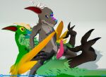  3d_(artwork) animal_genitalia anthro bzez claws digital_media_(artwork) dinosaur dromaeosaurid duo erection feathered_dinosaur feathers genitals horn humanoid intersex intersex/male kobold kobold_dellarte low_poly male nude penis raptor_claws reptile scalie sek simple_background teeth theropod toe_claws velociraptor 