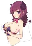  1girl alternate_breast_size black_horns blush bow bowtie breasts cleavage commentary_request curled_horns demon_girl demon_horns demon_tail drill_hair highres horns large_breasts looking_at_viewer machikado_mazoku mel_(melty_pot) navel parted_lips purple_eyes red_bow red_bowtie simple_background solo sweatdrop tail upper_body white_background yoshida_ryouko 