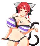  1girl animal_ears bikini bow bra braid breasts cat_cutout cat_ears cat_lingerie cat_tail clothing_cutout extra_ears highres himenomikan kaenbyou_rin meme_attire multiple_tails nekomata panties red_eyes red_hair solo striped striped_bikini striped_bra striped_panties swimsuit tail touhou two_tails underwear 