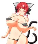  1girl animal_ears bikini braid breasts cat_ears cat_tail contrapposto heart heart_tail highres himenomikan huge_breasts kaenbyou_rin multiple_tails nekomata red_eyes red_hair solo swimsuit tail touhou twin_braids two_tails 