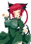  1girl animal_ears bangs blunt_bangs braid breasts cat_ears cat_tail dress highres himenomikan kaenbyou_rin large_breasts looking_at_viewer multiple_tails paw_pose red_eyes red_hair solo tail touhou twin_braids 