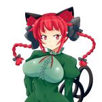  1girl animal_ears bow braid breasts cat_ears cat_tail dress highres himenomikan kaenbyou_rin large_breasts multiple_tails red_eyes red_hair solo tail touhou twin_braids 