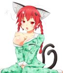  1girl animal_ears bad_anatomy bare_shoulders braid breasts cat_ears cat_tail cleavage floral_print highres himenomikan kaenbyou_rin knees_together_feet_apart large_breasts multiple_tails pajamas red_eyes red_hair shirt sitting solo tail touhou twin_braids wariza 