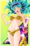  1girl :d absurdres animal_print bikini breasts cleavage fang green_hair highres horns kazuma_muramasa long_hair lum medium_breasts navel oni open_mouth pointy_ears print_footwear smile solo strapless strapless_bikini swimsuit thighs tiger_print urusei_yatsura yellow_bikini yellow_eyes yellow_footwear 