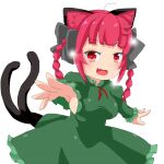  1girl animal_ears braid cat_ears cat_tail dress fang foreshortening green_dress highres himenomikan kaenbyou_rin multiple_tails nekomata open_mouth outstretched_hand red_eyes red_hair solo tail touhou two_tails 