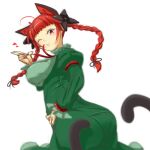  1girl animal_ears braid breasts cat_ears cat_tail eyebrows_hidden_by_hair heart himenomikan kaenbyou_rin large_breasts long_hair multiple_tails one_eye_closed red_eyes red_hair solo tail touhou twin_braids twisted_torso 