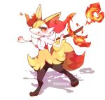  1girl animal_ear_fluff animal_ears animal_hands animal_nose arm_up black_fur blush body_fur braixen character_name closed_mouth commentary_request english_text fire flat_chest fox_ears fox_girl fox_tail fur_collar furry furry_female hand_up happy holding holding_stick leg_up legs licking_lips looking_at_viewer multicolored_fur outstretched_arm pokemon pokemon_(creature) shira_(sirairo116) sideways_mouth simple_background smile snout solo standing standing_on_one_leg stick tail tongue tongue_out white_background white_fur yellow_eyes yellow_fur 