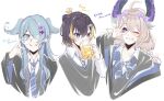  3girls ahoge bird_girl black_hair blue_eyes blue_hair blue_necktie blue_wings blush bow cardigan character_name cloak collarbone collared_shirt cross-shaped_pupils cross_hair_ornament dragon_girl dress_shirt elira_pendora enna_alouette fish_hair_ornament flower foam_mustache glasses gradient_hair grey_sweater hair_bow hair_bun hair_flower hair_ornament head_wings highres hogwarts_school_uniform hood hooded_cloak long_hair looking_at_viewer loose_necktie multicolored_hair multiple_girls necktie one_eye_covered petra_gurin piercing purple_eyes purple_wings quill ravenclaw school_uniform shirt short_hair smile streaked_hair sweater virtual_youtuber wings yukishiro_(boma_winter) 