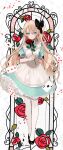  1girl absurdres alice_(alice_in_wonderland) alice_in_wonderland apron blonde_hair blue_dress blue_eyes blush chiemo_(xcem) closed_mouth dress falling_card flower full_body hair_between_eyes hair_ornament hair_ribbon highres holding holding_flower long_hair looking_at_viewer pantyhose red_flower red_rose ribbon rose skirt stained_glass waist_apron white_apron white_pantyhose 