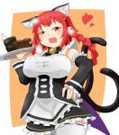  1girl \||/ alternate_costume animal_ears bell braid breasts cat_ears cat_girl cat_tail enmaided extra_ears fang heart highres himenomikan kaenbyou_rin large_breasts maid multiple_tails neck_bell open_mouth orange_background pointy_ears red_hair skin_fang solo tail thighhighs touhou tray two_tails 