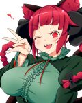  1girl ;d animal_ear_fluff animal_ears braid breasts cat_ears extra_ears heart highres himenomikan kaenbyou_rin large_breasts looking_at_viewer one_eye_closed open_mouth pointy_ears red_eyes red_hair side_braids simple_background smile solo touhou twin_braids upper_body w white_background 