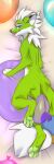  2022 4_toes blep blue_eyes canid canine digital_media_(artwork) feet fox fur green_body green_fur green_nose hair hi_res hyilpi mammal paws toes tongue tongue_out white_hair 