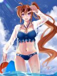  1girl ball beachball bikini bikini_under_clothes blue_bikini blurry blush bokeh breasts collarbone depth_of_field hair_between_eyes highres large_breasts long_hair looking_at_viewer lyrical_nanoha mahou_shoujo_lyrical_nanoha navel nose_blush orange_hair shirt side_ponytail smile solo sougetsu_izuki swimsuit takamachi_nanoha thighs wading water white_shirt 