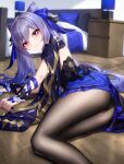  1girl absurdres bangs bed black_panties black_pantyhose blue_dress blush closed_mouth double_bun dress genshin_impact hair_bun hair_ornament highres indoors keqing_(genshin_impact) long_hair looking_at_viewer lying on_side panties pantyhose purple_eyes purple_hair smile solo thighs underwear wu_ganlan_cai 