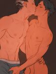  2boys akaashi_keiji black_hair blue_male_underwear bokuto_koutarou brown_background bulge closed_eyes couple erection erection_under_clothes face-to-face facing_another groin haikyuu!! hand_on_another&#039;s_hip hand_up highres kiss male_focus male_underwear multicolored_hair multiple_boys nipple-to-nipple nipples nude profile short_hair simple_background spiked_hair topless_male two-tone_hair underwear underwear_only upper_body white_hair yaoi 