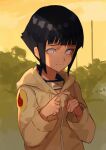  1girl bangs black_hair blunt_bangs brown_jacket headband headband_around_neck highres hood hood_down hooded_jacket hyuuga_hinata index_fingers_together jacket konohagakure_symbol long_sleeves looking_at_viewer naruto naruto_(series) nasubin_(nasubisamurai15) purple_eyes smile solo upper_body 