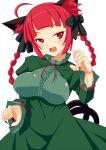  1girl :d ahoge animal_ears braid breasts cat_ears cat_tail dress fang highres himenomikan kaenbyou_rin large_breasts nail_polish red_eyes red_hair red_nails smile solo tail touhou twin_braids 