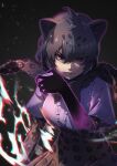  1girl animal_ear_fluff animal_ears bangs black_bow black_bowtie black_gloves black_hair black_jaguar_(kemono_friends) black_skirt blue_shirt bow bowtie center_frills commentary elbow_gloves frills gloves glowing glowing_hand hair_between_eyes highres jaguar_ears jaguar_print kemono_friends looking_at_viewer print_gloves print_skirt purple_eyes shirt short_hair short_sleeves skirt solo takami_masahiro 