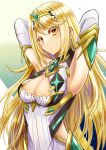  1girl absurdres armpits arms_behind_head bangs bare_shoulders blonde_hair breasts chest_jewel circlet cleavage cleavage_cutout clothing_cutout dress elbow_gloves gloves highres long_hair looking_at_viewer mythra_(xenoblade) okurasato parted_lips solo swept_bangs upper_body white_dress white_gloves xenoblade_chronicles_(series) xenoblade_chronicles_2 yellow_eyes 