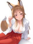  1girl animal_ear_fluff animal_ears arm_support bangs blunt_bangs breasts cleavage closed_mouth commentary_request fox_ears fox_tail hakama hakama_skirt highres japanese_clothes kitsune large_breasts looking_at_viewer meow_(nekodenki) miko original red_eyes red_hakama red_skirt simple_background sitting skirt smile solo tail thick_eyebrows white_background 
