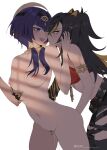  2girls absurdres armlet baconontheclock bangs belt black_hair blonde_hair blue_eyes blush breasts candace_(genshin_impact) closed_mouth crop_top dark-skinned_female dark_skin dehya_(genshin_impact) egyptian_clothes eye_of_horus female_pubic_hair fingering genshin_impact hair_between_eyes hair_ears heterochromia highres large_breasts long_hair multicolored_hair multiple_girls nail_polish nipples nude open_mouth orange_eyes pubic_hair purple_hair pussy_juice red_nails short_hair_with_long_locks simple_background streaked_hair torn_clothes twitter_username white_background yuri 