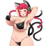  1girl animal_ears armpits bad_anatomy bikini black_bikini bow braid breasts cat_ears cat_girl cat_tail covered_nipples heart heart_tail highres himenomikan kaenbyou_rin multiple_tails nekomata red_eyes red_hair solo swimsuit tail touhou two_tails white_background 