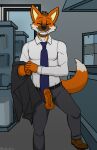  aggressive_retsuko animal_humanoid anthro canid canid_humanoid canine canine_humanoid clothing erection foreskin gas_station genitals grin hi_res humanoid lewd_latte male mammal mammal_humanoid maned_wolf necktie ookami_(aggretsuko) penis sanrio smile solo suit wolf_humanoid 