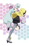  1girl :d bangs black_shorts boots character_hair_ornament eyelashes full_body green_hair grey_footwear grey_pantyhose hair_ornament high_heel_boots high_heels highres ia_(ilwmael9) iono_(pokemon) jacket leg_up long_hair open_mouth pantyhose pink_hair pokemon pokemon_(game) pokemon_sv sharp_teeth shorts single_leg_pantyhose sleeves_past_fingers sleeves_past_wrists smile solo teeth tongue twintails upper_teeth yellow_jacket 