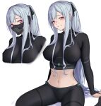  1girl 3_small_spiders ak-12_(girls&#039;_frontline) bangs black_pants blush braid breasts defy_(girls&#039;_frontline) french_braid girls&#039;_frontline grey_hair highres large_breasts long_hair long_sleeves looking_at_viewer mask midriff mouth_mask open_mouth pants purple_eyes ribbon sidelocks simple_background smile solo 