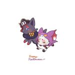  black_headwear blue_eyes blush_stickers bright_pupils closed_eyes closed_mouth commentary_request daifuku_(pokefuka_art) halloween happy_halloween hat hisuian_zorua hood hood_up no_humans pokemon pokemon_(creature) simple_background smile white_background white_pupils zorua 