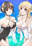  2girls black_choker black_one-piece_swimsuit blonde_hair blue_sky braid braided_bun breasts brown_eyes brown_hair casual_one-piece_swimsuit choker cloud collarbone commentary_request cosplay cowboy_shot criss-cross_halter cross-laced_clothes cross-laced_swimsuit flower frilled_swimsuit frills hair_bun hair_flower hair_ornament hair_over_shoulder halterneck highleg highleg_swimsuit highres kantai_collection long_hair medium_breasts multiple_girls myoukou_(kancolle) ocean one-piece_swimsuit sagiri_(kancolle) sagiri_(kancolle)_(cosplay) side-tie_swimsuit single_braid single_hair_bun sky swimsuit tongue tongue_out wakakohime_moe water wavy_hair white_choker white_one-piece_swimsuit zara_(kancolle) 
