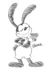  2022 anthro biped black_and_white bow_tie clothed clothing disney eyes_closed harara hi_res lagomorph leporid male mammal monochrome oswald_the_lucky_rabbit rabbit scut_tail short short_tail signature sketch smile solo standing topless 
