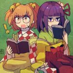  ! 2girls apron bell bespectacled blush book brown_eyes brown_hair checkered_clothes checkered_kimono dated flower glasses green_kimono hair_bell hair_flower hair_ornament hieda_no_akyuu holding holding_book japanese_clothes jingle_bell kimono long_sleeves maaru_(akira428) motoori_kosuzu multiple_girls one-hour_drawing_challenge open_mouth pink_flower purple_eyes purple_hair short_hair signature touhou two_side_up wide_sleeves yellow_apron yellow_kimono 