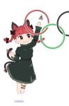  1girl :3 animal_ears arm_up barefoot bow braid cat_ears cat_girl cat_tail chibi dress green_dress hair_bow heart heart_tail kaenbyou_rin leg_ribbon light_blush multiple_tails nekomata puuakachan red_eyes red_hair ribbon solo tail tail_bow tail_ornament tail_ribbon touhou twin_braids two_tails 