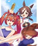  3girls :d animal_ears aston_machan_(umamusume) bangs bare_shoulders blue_one-piece_swimsuit blue_sky blush bow breasts brown_hair buruma cloud collarbone commentary_request competition_school_swimsuit cowboy_shot crown daiwa_scarlet_(umamusume) day ear_ornament fang green_eyes group_picture gym_shirt gym_uniform hair_between_eyes hair_intakes hair_over_one_eye highres horse_ears horse_girl horse_tail katwo large_breasts long_hair looking_at_viewer low_ponytail motion_blur multicolored_hair multiple_girls open_mouth photobomb red_buruma red_eyes school_swimsuit shirt sidelocks skin_fang sky smile standing streaked_hair swimsuit tail tiara tracen_swimsuit tracen_training_uniform twintails umamusume vodka_(umamusume) white_hair white_shirt yellow_eyes 