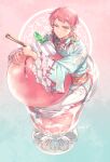 1boy aqua_background aqua_robe blush changpao chinese_clothes circus66 closed_mouth commentary cream cup dated earrings ensemble_stars! floral_print flower flower_earrings flower_necklace folded_fan folding_fan food frilled_sleeves frills fruit gold_necklace gradient gradient_background hand_fan holding holding_fan in_container in_cup itsuki_shu jewelry lace-trimmed_sleeves lace_trim looking_at_viewer male_focus necklace object_hug pants parfait peach pink_background pink_hair pink_sash purple_eyes sash short_hair sitting solo symbol-only_commentary tassel tassel_earrings white_pants wide_sleeves 