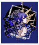 1boy absurdres bat99 blue_flower bug butterfly closed_eyes closed_mouth eyeshadow flower genshin_impact highres makeup profile purple_butterfly purple_eyeshadow purple_hair scaramouche_(genshin_impact) solo 