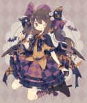  1girl argyle argyle_background bird_wings black_footwear black_wings blush boots brown_eyes brown_hair checkered_clothes closed_mouth feathered_wings full_body hair_between_eyes halloween halloween_costume hat highres himekaidou_hatate kneehighs long_hair nikorashi-ka one_eye_closed pom_pom_(clothes) puffy_short_sleeves puffy_sleeves purple_headwear short_sleeves skirt smile socks solo striped striped_socks tongue tongue_out touhou twintails wings wrist_cuffs 