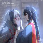  1boy 1girl ahoge bandaged_arm bandages black_hair black_knife_(elden_ring) blood blood_on_clothes blood_on_face blue_eyes blue_robe braid elden_ring grey_hair hand_on_own_chin hands_on_another&#039;s_cheeks hands_on_another&#039;s_face highres hood looking_at_another pin.s robe single_braid smile sorceress_sellen stroking_own_chin teacher_and_student 