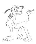  2022 black_and_white canid canine canis collar disney domestic_dog feral harara hi_res looking_aside mammal monochrome paws pluto_(disney) quadruped raised_paw signature simple_background sketch smile solo standing white_background 