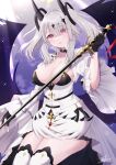  1girl azur_lane black_choker black_feathers black_wings breasts choker cleavage dress feathered_wings feathers fingerless_gloves framed_breasts gem gloves grey_hair hair_ornament highres holding holding_sword holding_weapon joffre_(azur_lane) long_hair looking_at_viewer medium_breasts nagura_shiro purple_eyes red_gemstone red_ribbon ribbon signature smile solo sword thighhighs twintails weapon white_dress white_hair white_thighhighs wide_sleeves wings 