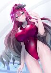  1girl breasts cameltoe competition_swimsuit covered_navel cowboy_shot fairy_knight_tristan_(fate) fate/grand_order fate_(series) grey_eyes hair_intakes highleg highleg_swimsuit highres large_breasts long_hair one-piece_swimsuit pointy_ears red_hair red_nails red_one-piece_swimsuit sidelocks solo standing swimsuit very_long_hair wet wet_clothes wet_swimsuit yumeneko_nyaa 