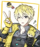  1boy artist_request asymmetrical_gloves bangs black_jacket blonde_hair blue_eyes bulletproof_vest collarbone collared_shirt fingerless_gloves gloves hair_between_eyes hand_up jacket male_focus mole mole_on_neck nijisanji nijisanji_en non-web_source open_mouth shirt short_hair smile solo sonny_brisko toy upper_body v virtual_youtuber vsf_logo yellow_gloves 