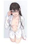  1girl black-framed_eyewear black_hair blush breasts buttons collarbone cowboy_shot cropped_legs glasses green_eyes hair_between_eyes highres kantai_collection long_hair long_sleeves looking_at_viewer messy_hair navel one_eye_closed ooyodo_(kancolle) open_clothes open_mouth open_shirt semi-rimless_eyewear shirt sleepy small_breasts solo two-tone_background under-rim_eyewear white_shirt yuuji_(and) 