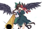  2girls animal_ears arm_cannon bird_wings black_wings bow braid cape cat_ears cat_tail feathered_wings green_bow green_skirt hair_bow isaki_(gomi) kaenbyou_rin long_hair multiple_girls multiple_tails nekomata oekaki red_eyes red_hair reiuji_utsuho skirt tail third_eye touhou weapon wings yuri 