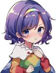  1girl :t bangs blue_eyes blue_hair cape closed_mouth crying long_sleeves looking_at_viewer moshihimechan multicolored_clothes multicolored_hairband pout short_hair simple_background sky_print solo tears tenkyuu_chimata touhou upper_body white_background white_cape 