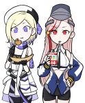  2girls bare_shoulders beret black_gloves black_headwear black_necktie black_scarf black_shorts blonde_hair blue_eyes blue_hair blue_jacket blue_scarf breasts cowboy_shot drink drinking drinking_straw drinking_straw_in_mouth eating flat_chest food gloves gradient_hair hat highres holding holding_drink holding_food jacket jean_bart_(kancolle) juice_box kantai_collection large_breasts long_hair massachusetts_(kancolle) mole mole_under_eye multicolored_clothes multicolored_hair multicolored_jacket multicolored_scarf multiple_girls necktie nemurakka red_eyes red_hair scarf shirt short_hair short_shorts shorts sleeveless sleeveless_shirt smile standing strapless strapless_shirt streaked_hair two-tone_headwear white_headwear white_jacket white_scarf white_shirt 