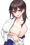  1girl blue_hakama blush breasts brown_eyes brown_hair cleavage collarbone convenient_arm hair_between_eyes hair_down hakama highres japanese_clothes kaga_(kancolle) kamidanomi kantai_collection large_breasts long_hair open_mouth simple_background solo undressing upper_body white_background 
